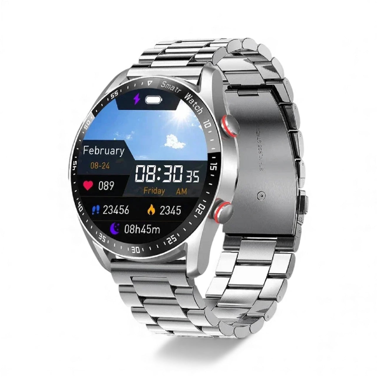 Silver smartwatch with a digital display on a white background