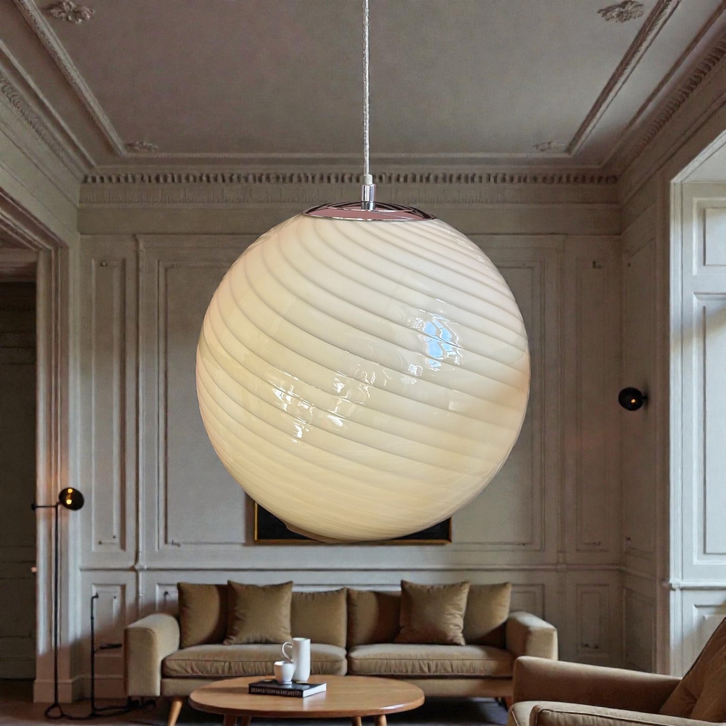 Cream murano style swirl glass globe pendant light