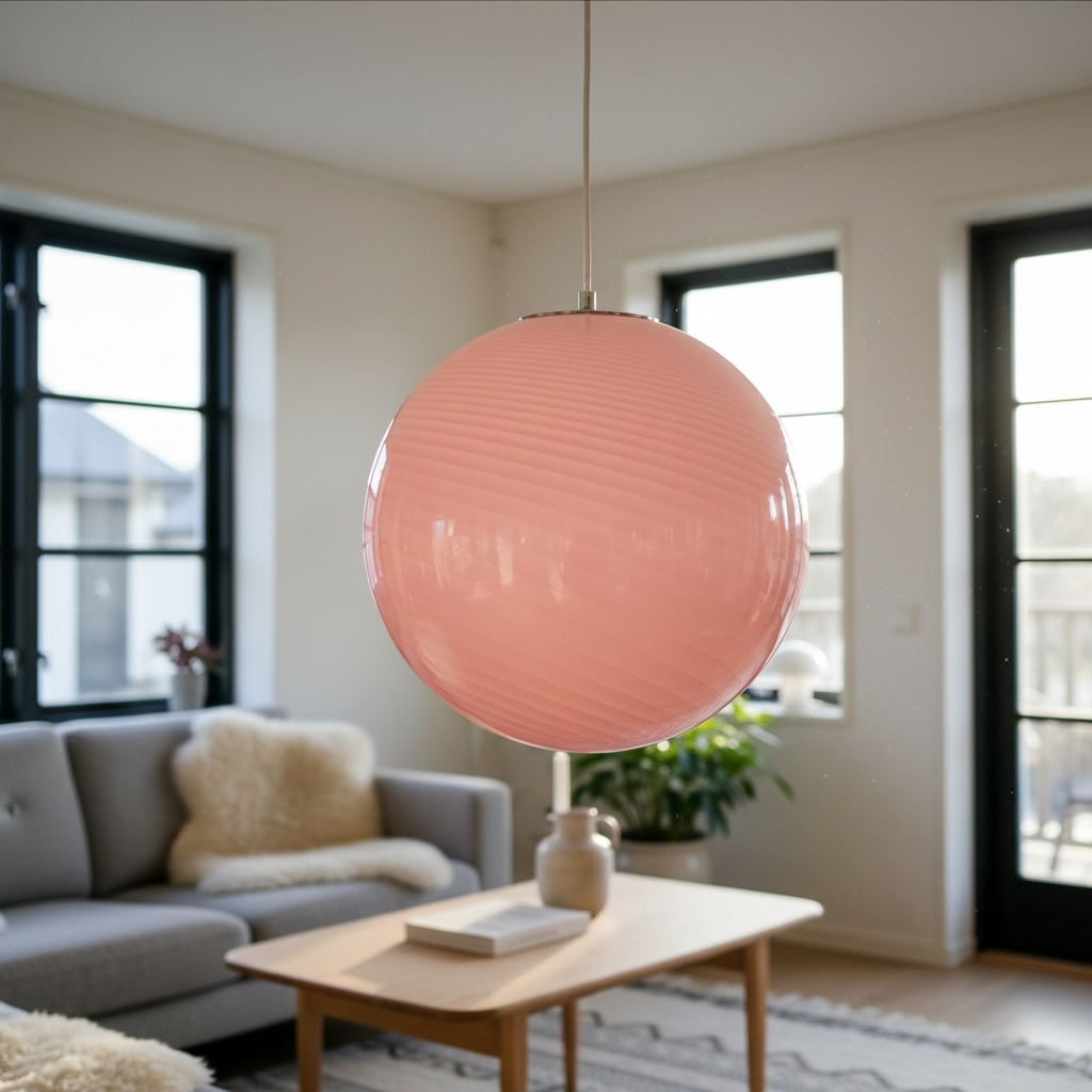 Pink murano style swirl glass globe pendant warm light