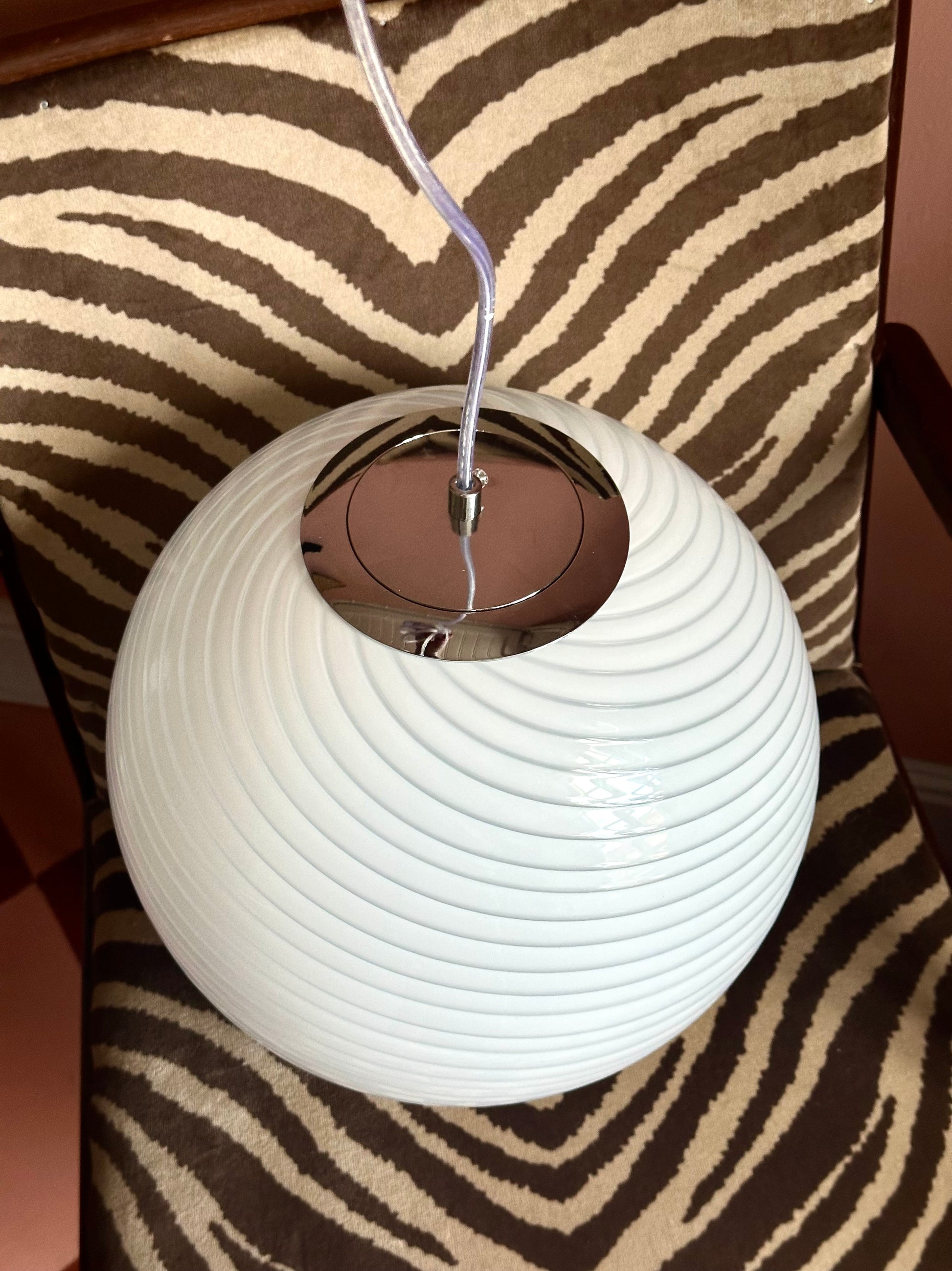 Retro murano style white swirl glass pendant lamp showing textured spiral glass surface