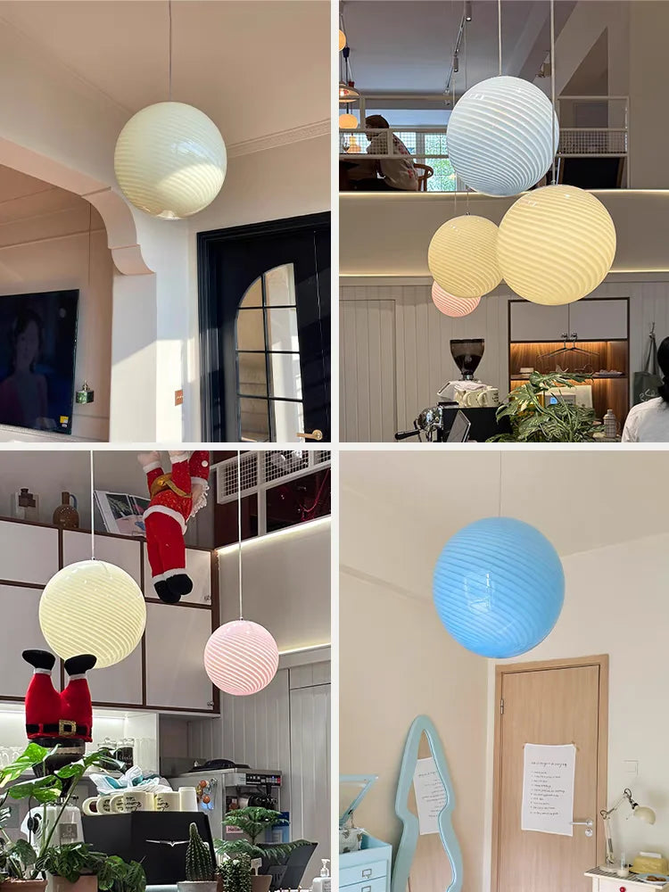 Vintage retro colorful murano style swirl glass globe pendant lamps in multiple colors shown in interior settings
