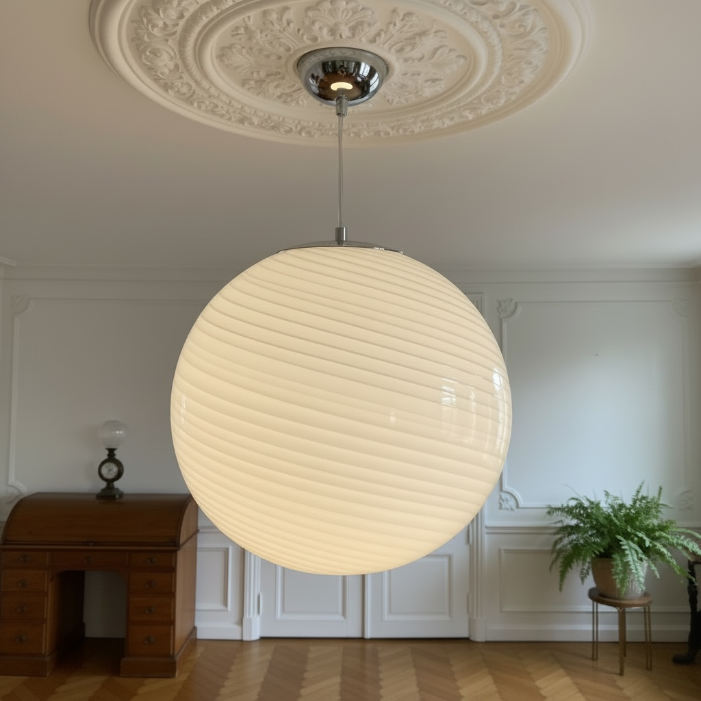 Vintage retro murano style cream swirl glass globe pendant light glowing, round art glass lamp lit in classic interior