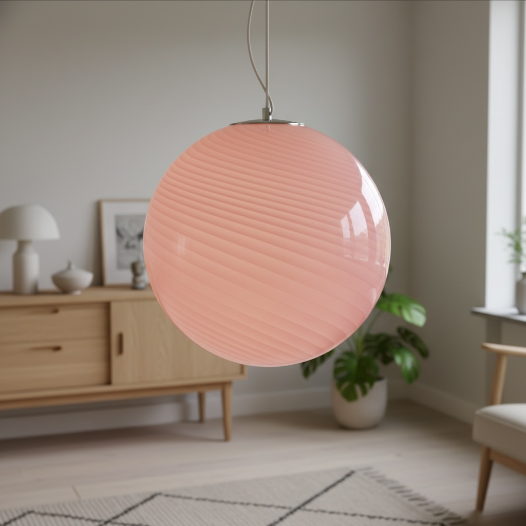 Vintage retro murano style pink swirl glass globe pendant lamp, round colorful art glass shade glowing warm light close up