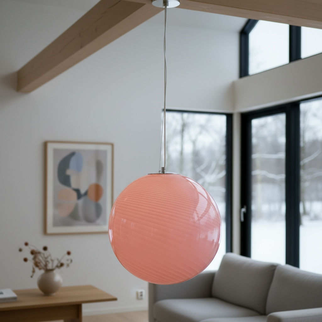 Vintage retro murano style pink swirl glass globe pendant lamp, round colorful art glass light unlit in modern interior