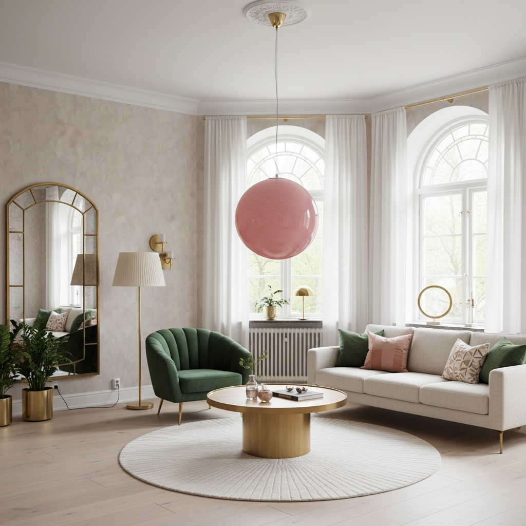 Vintage retro murano style pink swirl glass globe pendant light glowing, round colorful art glass lamp in elegant interior