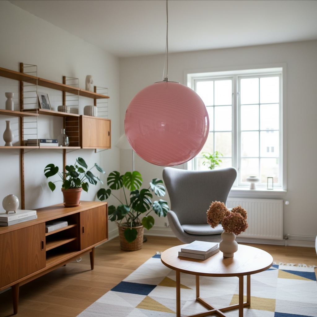 Vintage retro murano style pink swirl glass globe pendant light, round colorful art glass lamp unlit in mid-century interior