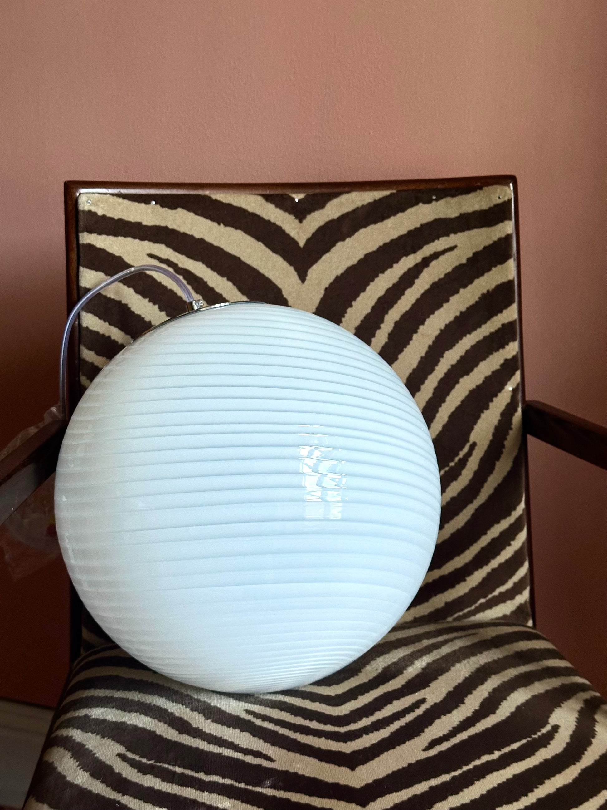 Vintage murano style white swirl glass globe hanging lamp, round colorful art glass design unlit