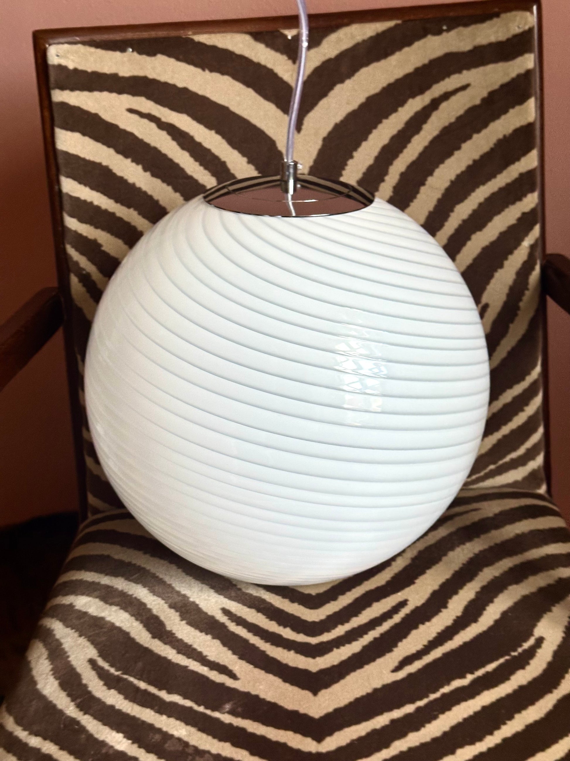 Murano style white swirl glass globe pendant light with spiral glass pattern, round shape detail